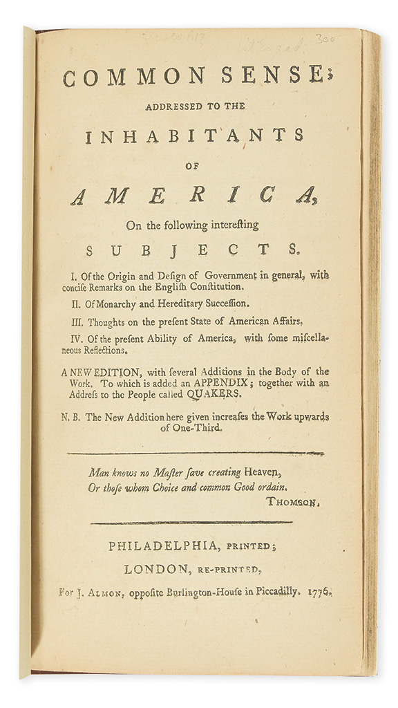 (AMERICAN REVOLUTION.) [Paine, Thomas.] Common Sense; Addressed to the Inhabitants of America.